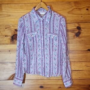 Floral Striped Lightweight Button Down Metallic Silver Thread Size M